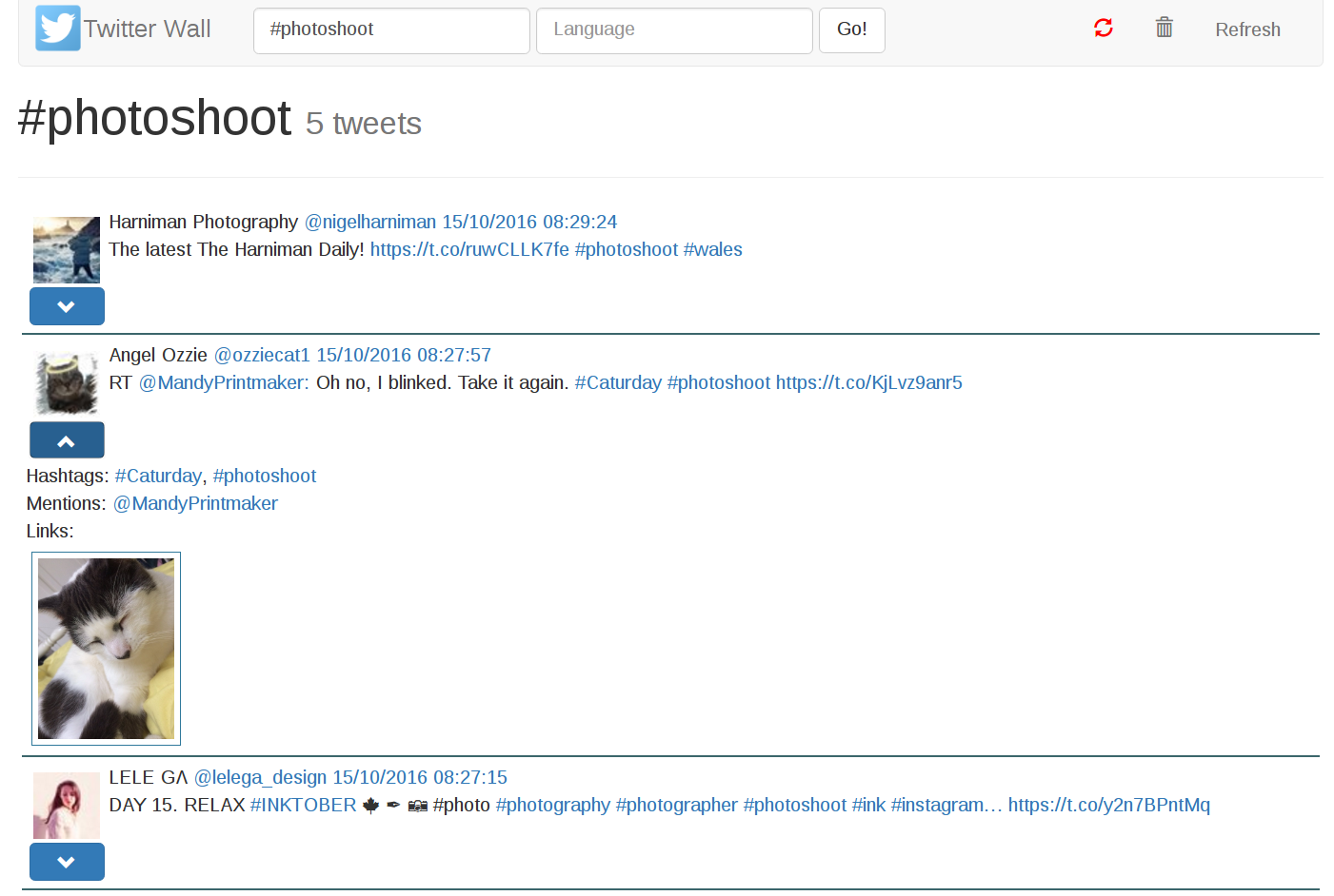 Tweets list with “#photoshoot” query with one tweet details shown